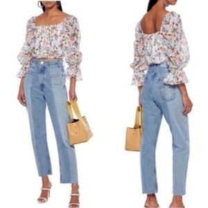 Alice + Olivia Blouse Deb Square Neck Puff Sleeve in White Floral